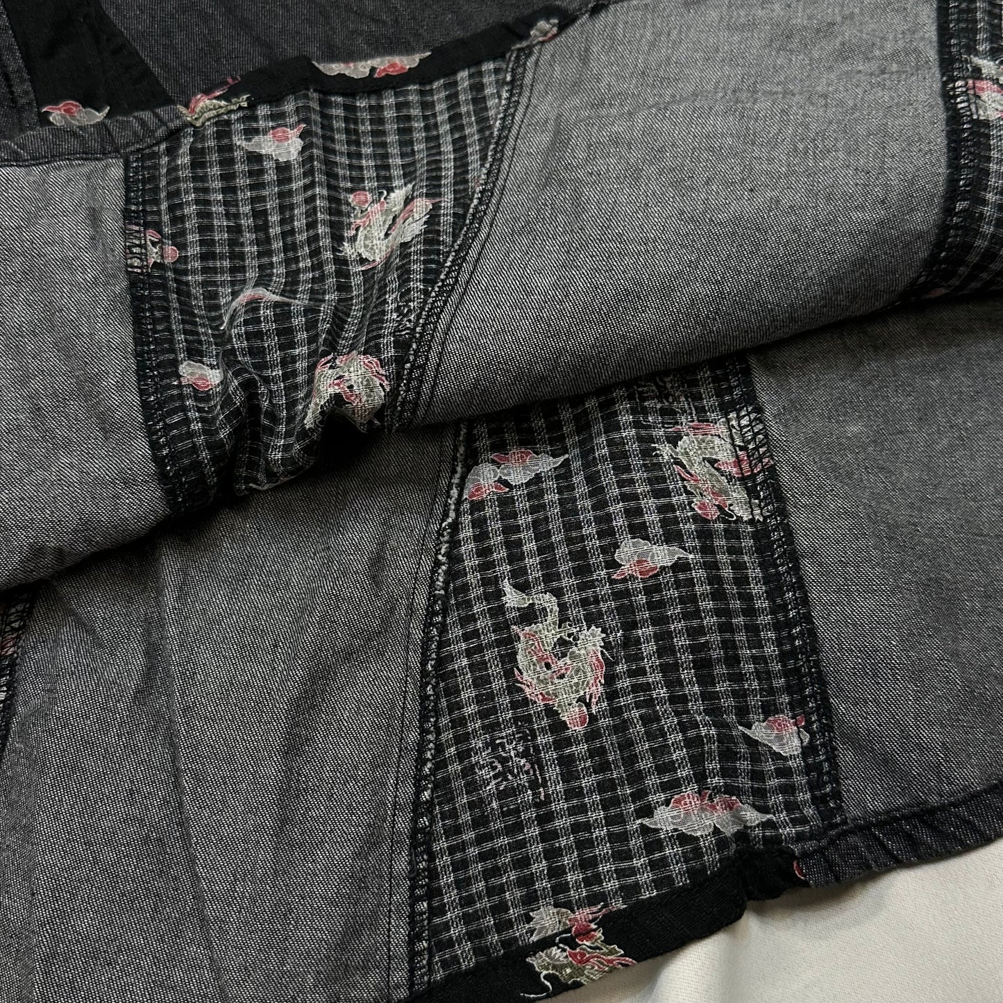 Japanese Pattern Patched Maxi Denim Skirt