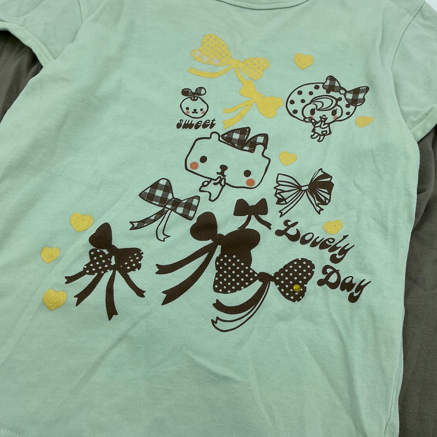 Betty Blue 00s Layered Mint Bow Cute Cat Print Fake Two-Piece Long Sleeve Top