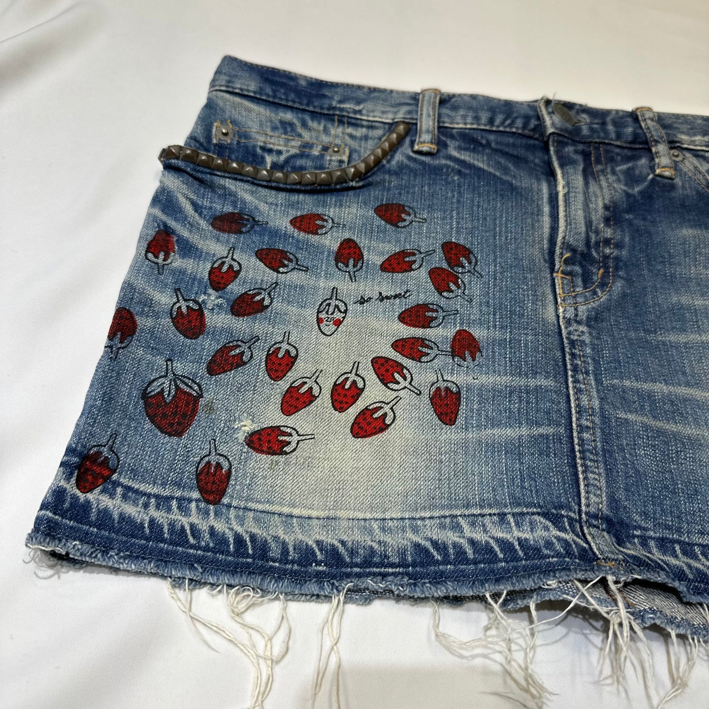 90s Hysteric Glamour x Andy Warhole Strawberry Studded Denim Mini Skirt
