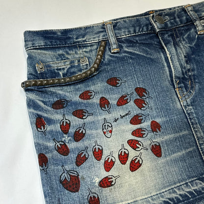 90s Hysteric Glamour x Andy Warhole Strawberry Studded Denim Mini Skirt