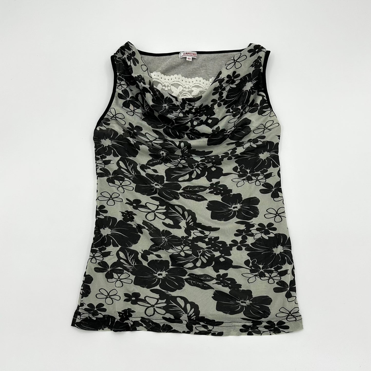 Floral Mesh Cowl Neck Lace Back Tank Top