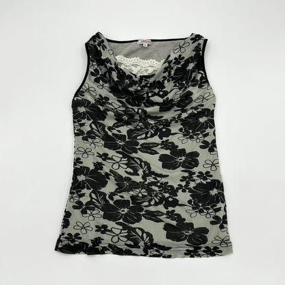 Floral Mesh Cowl Neck Lace Back Tank Top