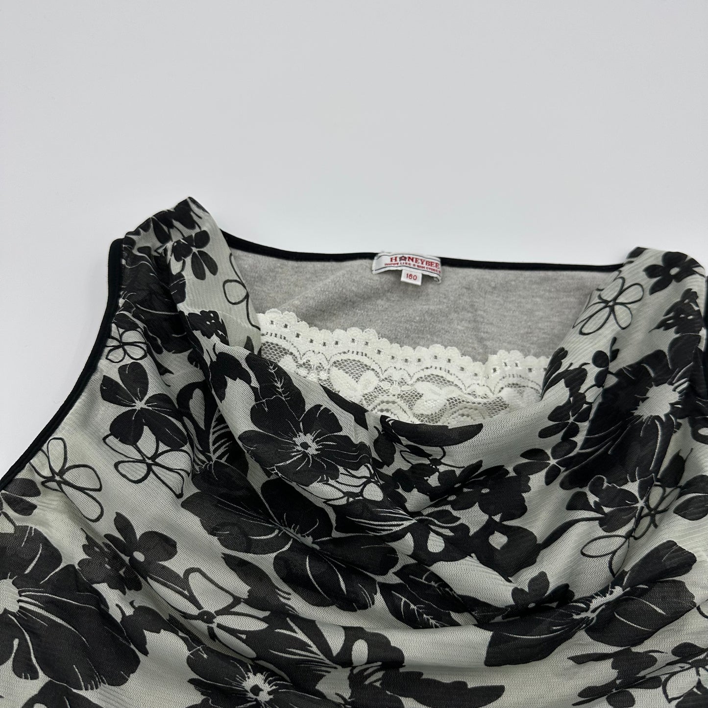 Floral Mesh Cowl Neck Lace Back Tank Top