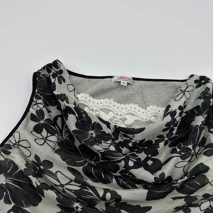 Floral Mesh Cowl Neck Lace Back Tank Top