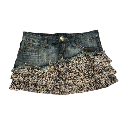 Layered Leopard Print Denim Mini Skirt