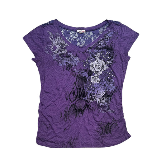 V-neck Graphic Top with Back Sheer Lace