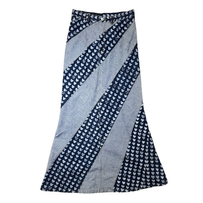 1990s Ozone Community Distressed Heart Print Denim Maxi Skirt