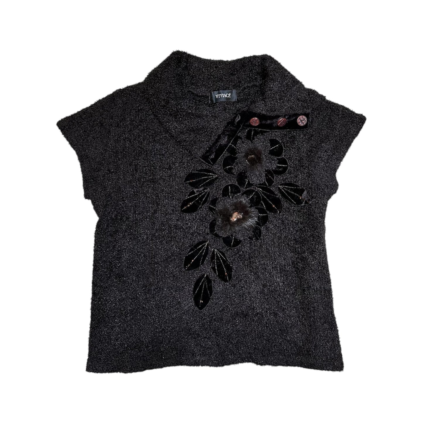 Knit Fur Floral Button Up Collar Top