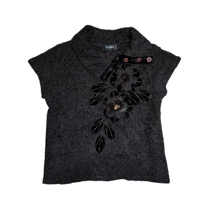 Knit Fur Floral Button Up Collar Top