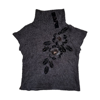 Knit Fur Floral Button Up Collar Top