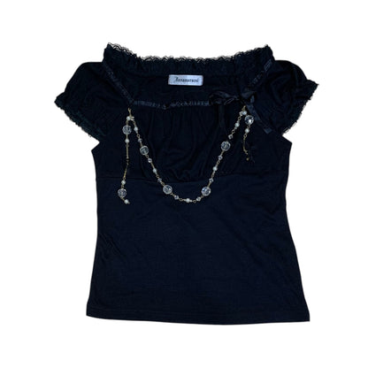 Lace Ruffle Sleeves Top with Bead Necklace Top