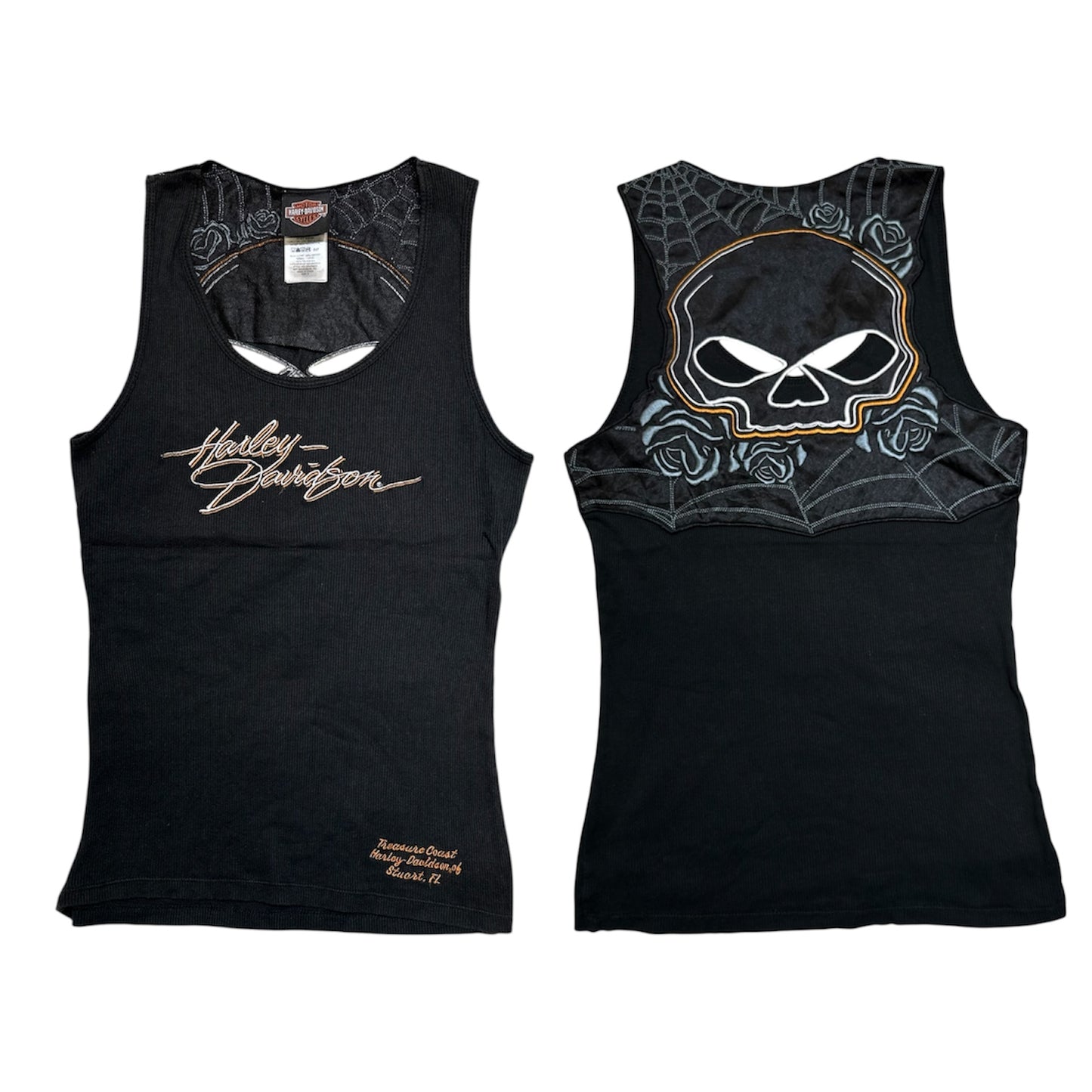 Harley Davidson 2011 Skull & Rose Embroidered Ribbed Tank Top
