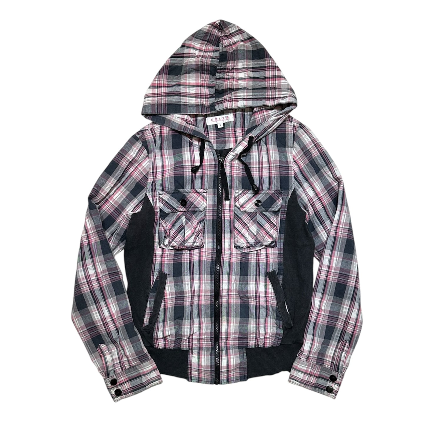 Plaid Panel Zip-Up Hoodie Jacket