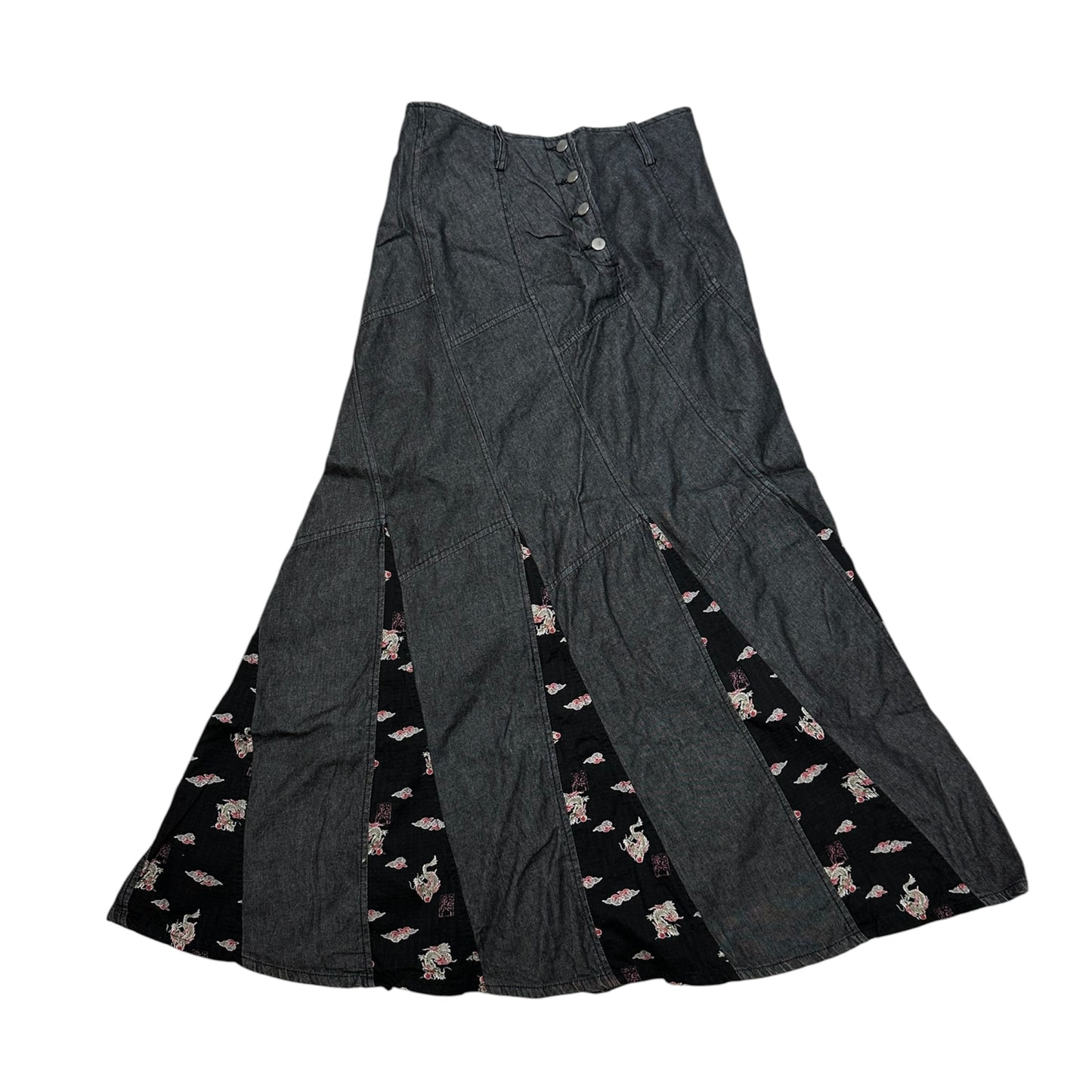 Japanese Pattern Patched Maxi Denim Skirt