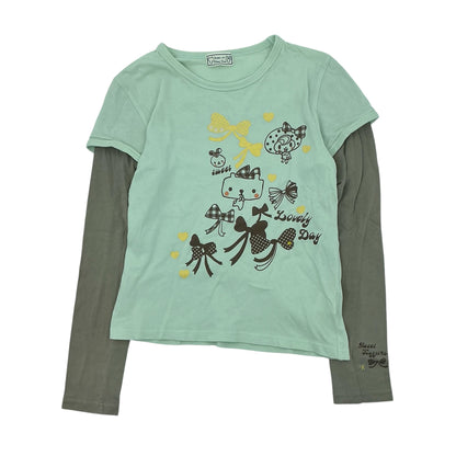 Betty Blue 00s Layered Mint Bow Cute Cat Print Fake Two-Piece Long Sleeve Top