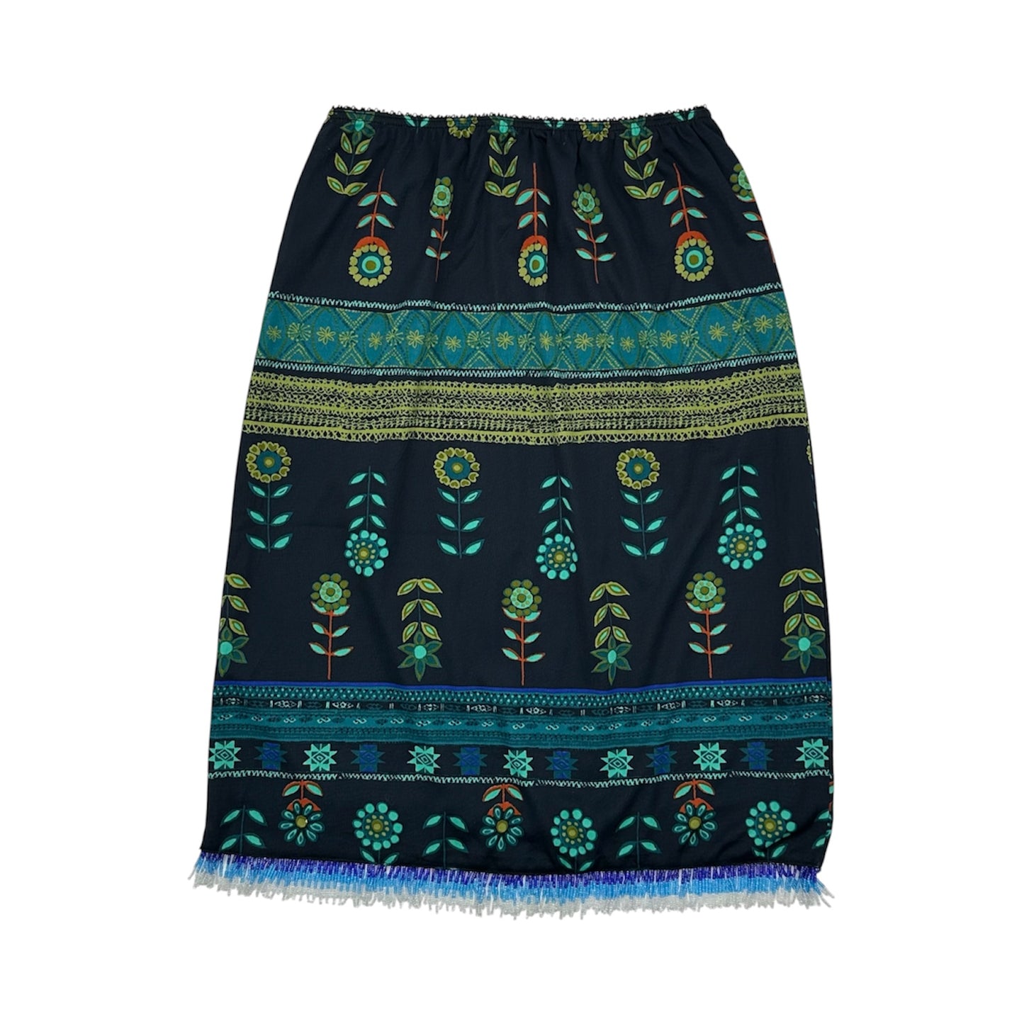 Boho Floral Beaded Fringe Hem Midi Skirt