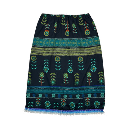 Boho Floral Beaded Fringe Hem Midi Skirt