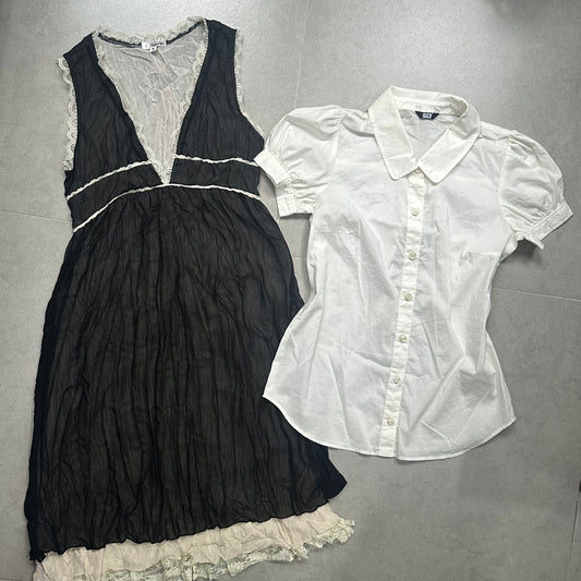 Set: Puff Sleeves Shirt + Lace Trim Vest Dress