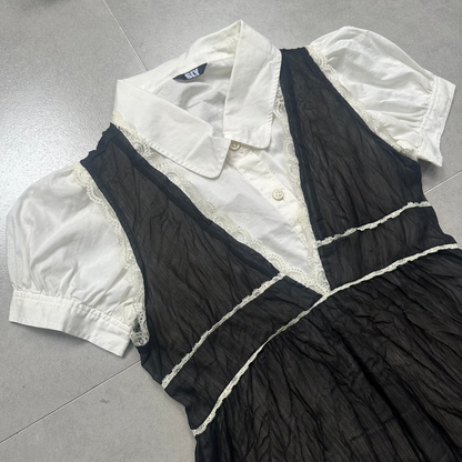 Set: Puff Sleeves Shirt + Lace Trim Vest Dress